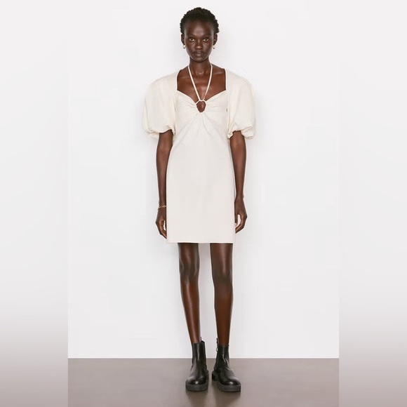 NWT FRAME Tie Neck Puff Sleeve Stretch Cotton Mini Dress in Flax $548 size M